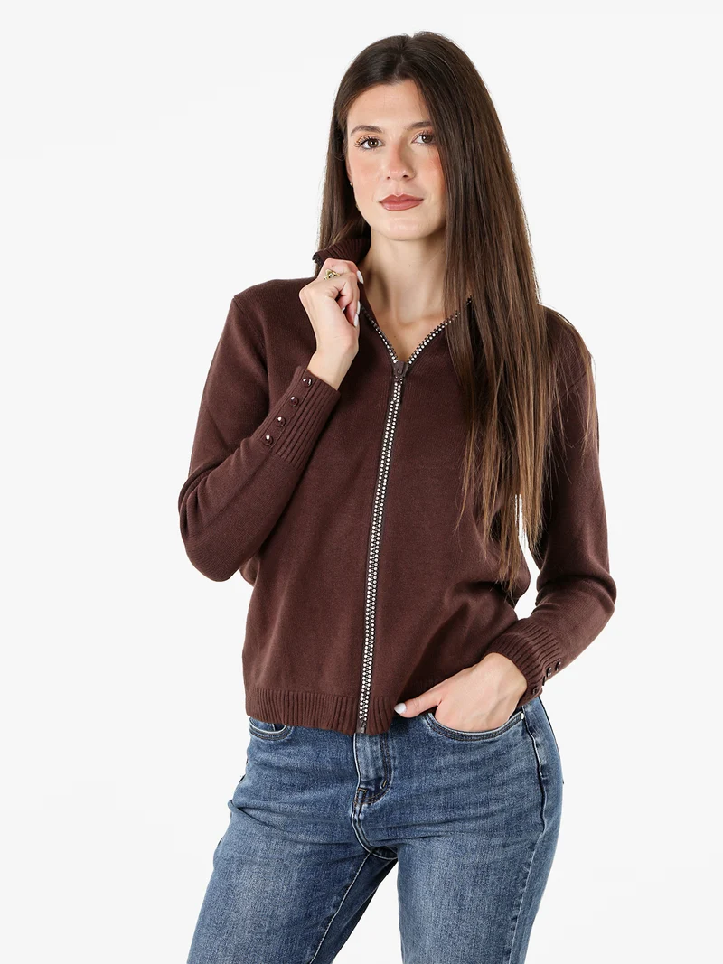 Cardigan in maglia da donna con zip di strass - moro