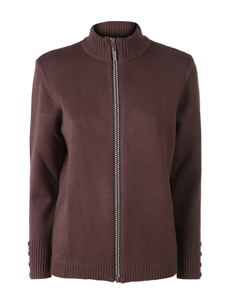 Cardigan in maglia da donna con zip di strass - moro