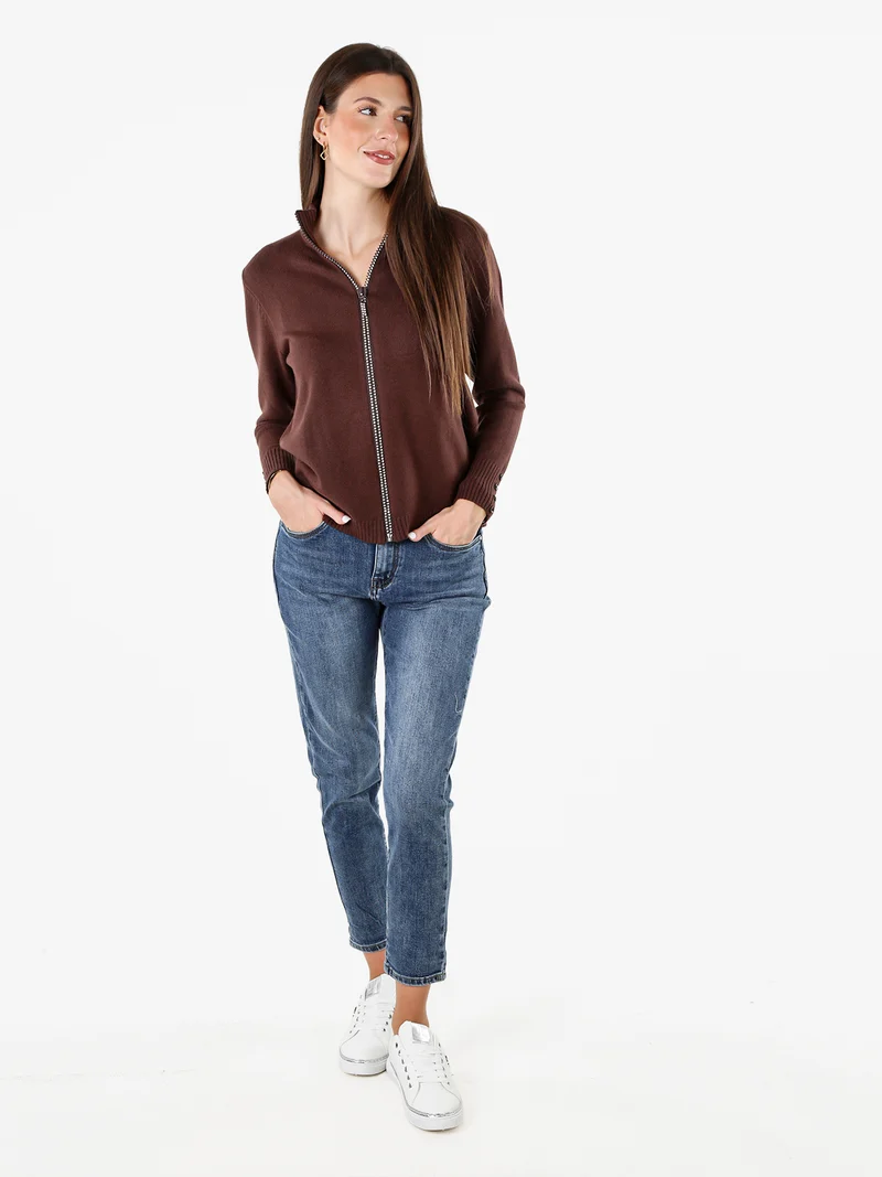 Cardigan in maglia da donna con zip di strass - moro