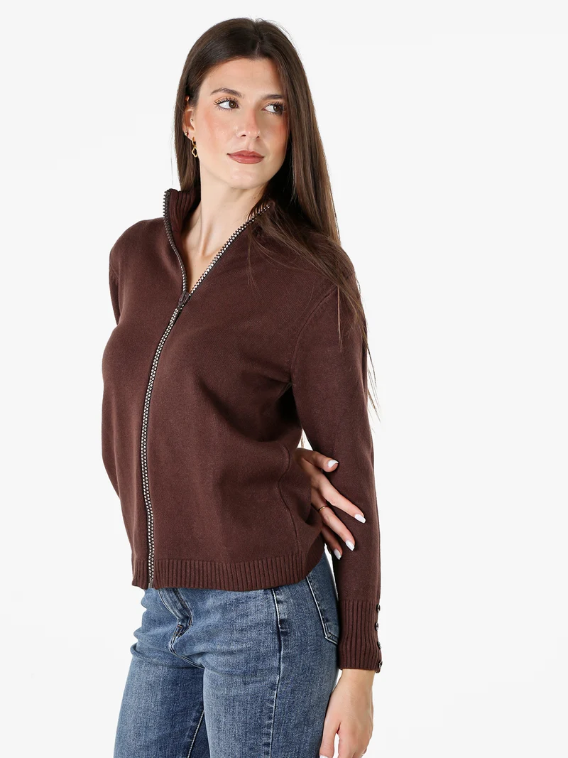 Cardigan in maglia da donna con zip di strass - moro