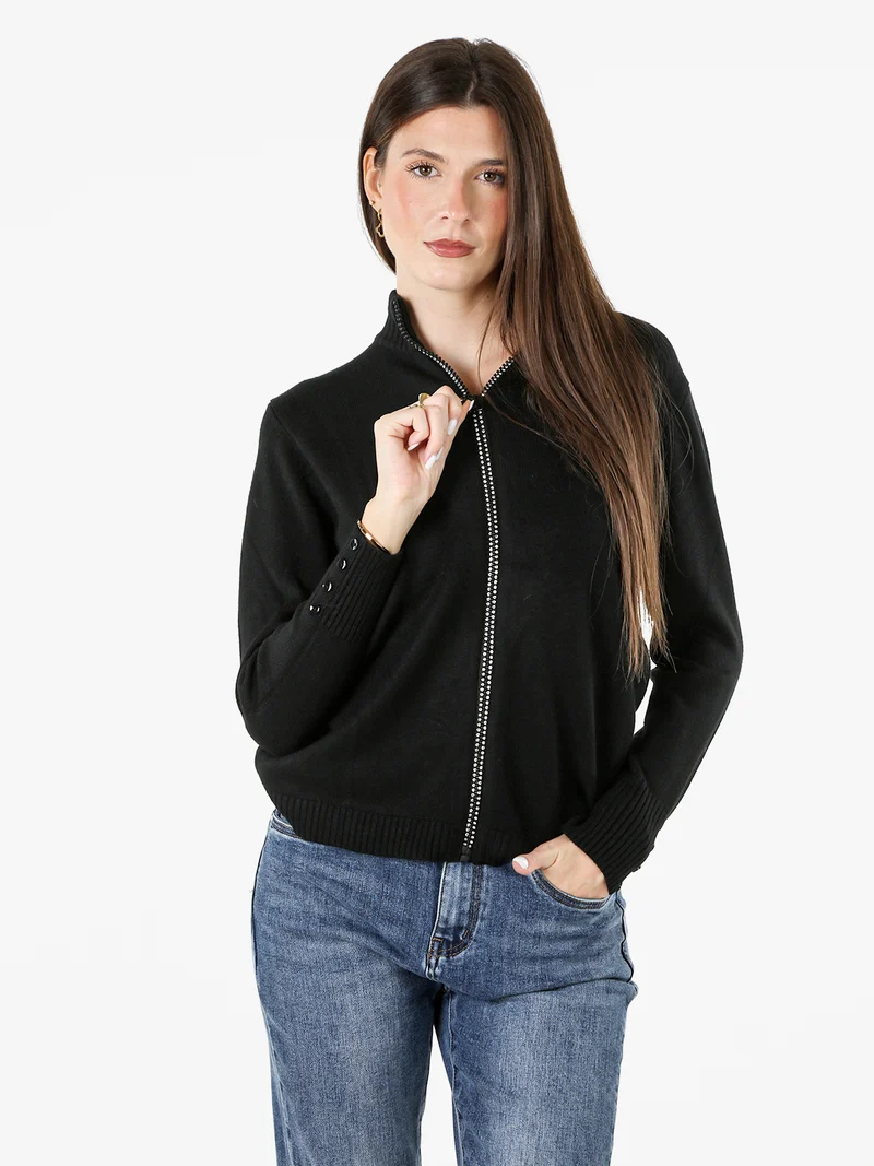 Cardigan in maglia da donna con zip di strass - nero