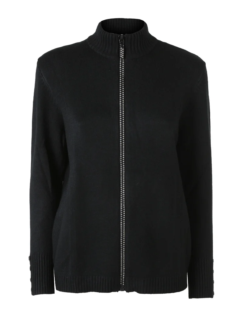 Cardigan in maglia da donna con zip di strass - nero