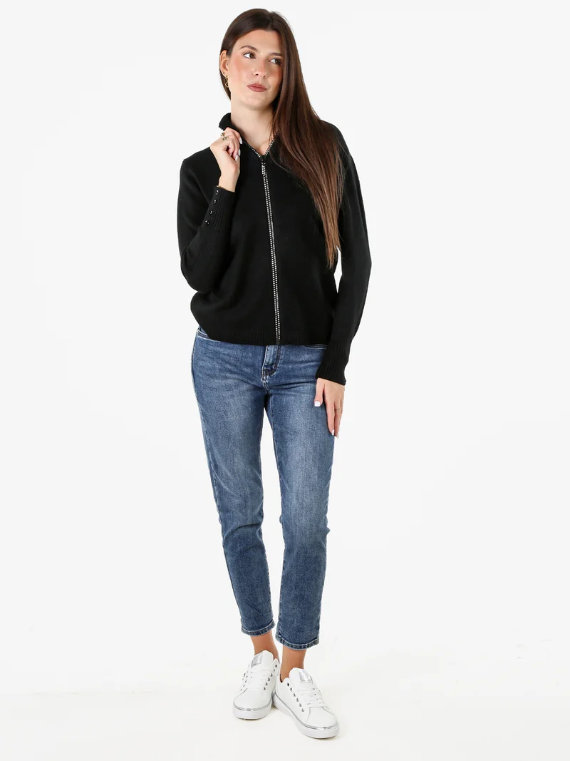 Cardigan in maglia da donna con zip di strass - nero