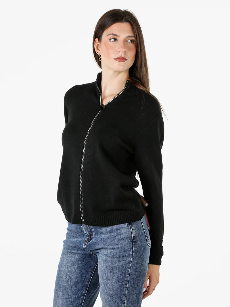 Cardigan in maglia da donna con zip di strass - nero