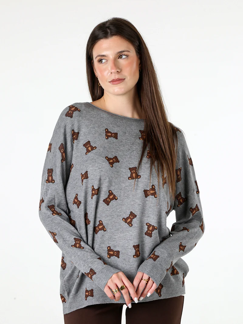 Maglia donna con stampa orsacchiotti e spalle cadenti - grigio
