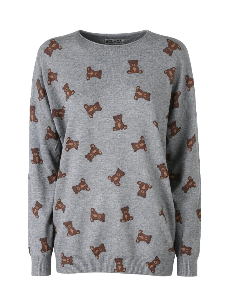 Maglia donna con stampa orsacchiotti e spalle cadenti - grigio