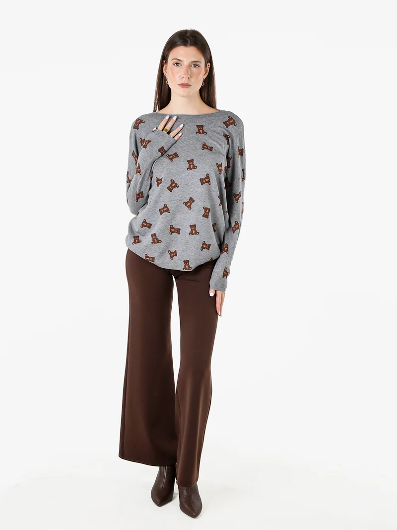 Maglia donna con stampa orsacchiotti e spalle cadenti - grigio
