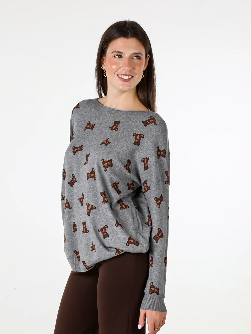 Maglia donna con stampa orsacchiotti e spalle cadenti - grigio
