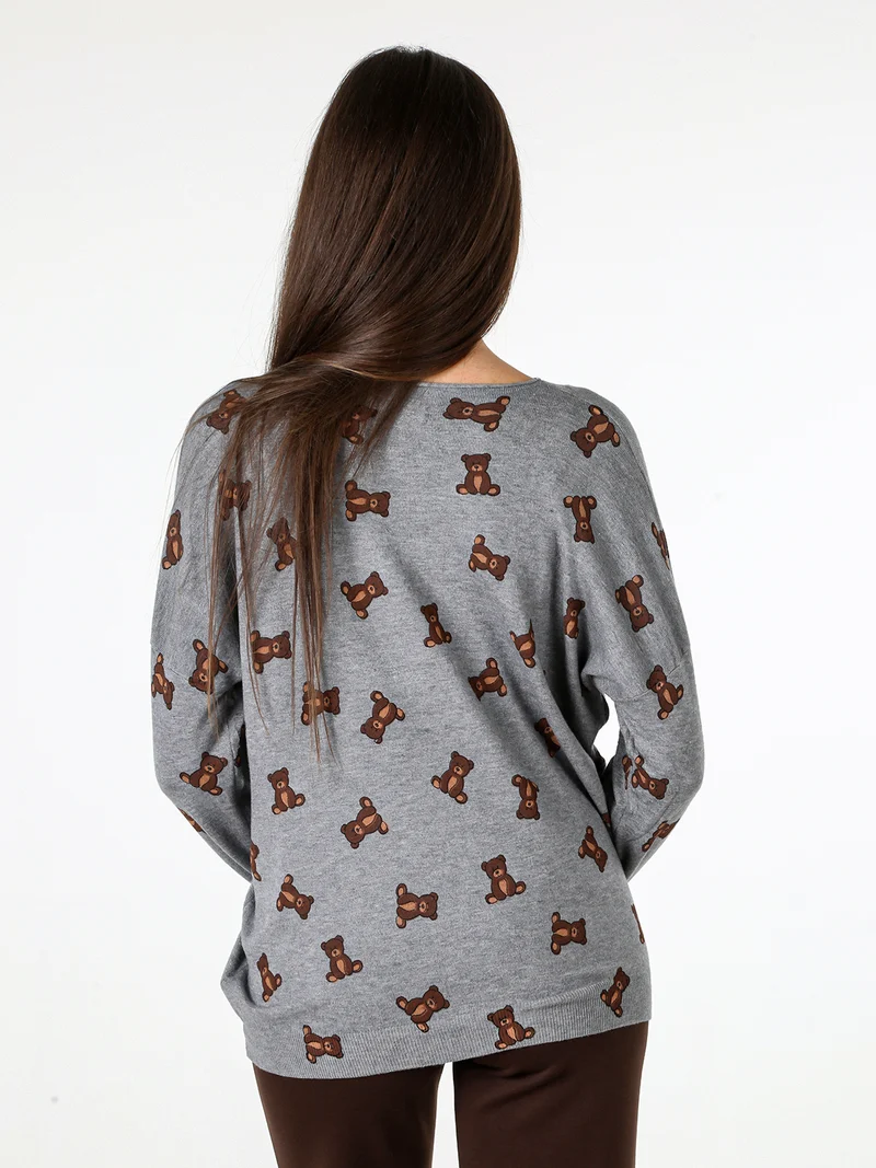 Maglia donna con stampa orsacchiotti e spalle cadenti - grigio