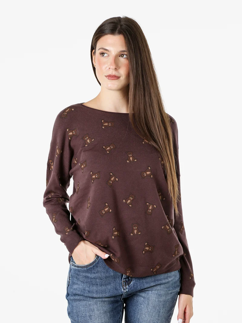 Maglia donna con stampa orsacchiotti e spalle cadenti - moro