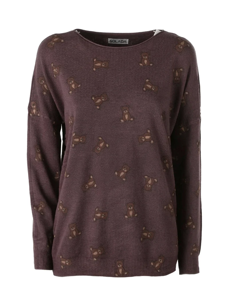 Maglia donna con stampa orsacchiotti e spalle cadenti - moro