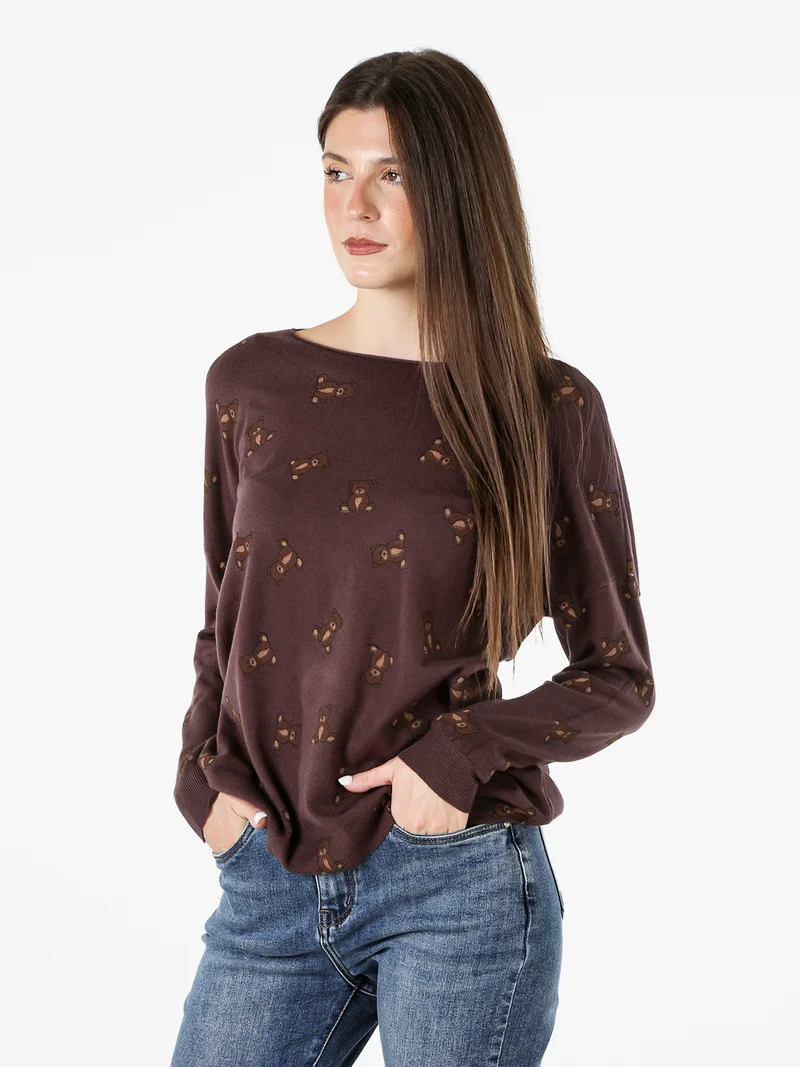 Maglia donna con stampa orsacchiotti e spalle cadenti - moro