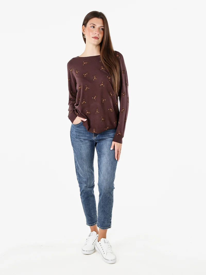 Maglia donna con stampa orsacchiotti e spalle cadenti - moro