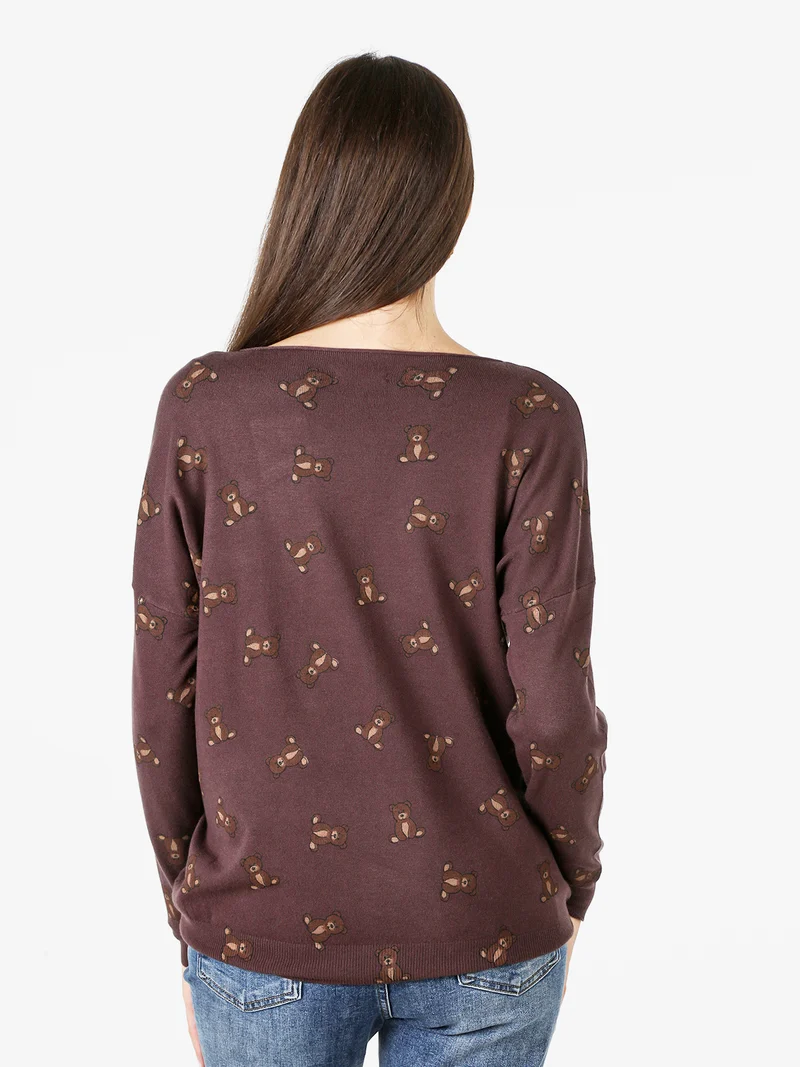 Maglia donna con stampa orsacchiotti e spalle cadenti - moro