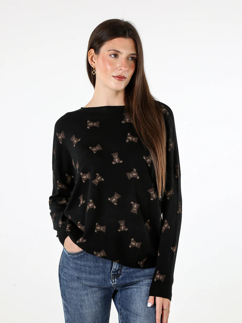 Maglia donna con stampa orsacchiotti e spalle cadenti - nero