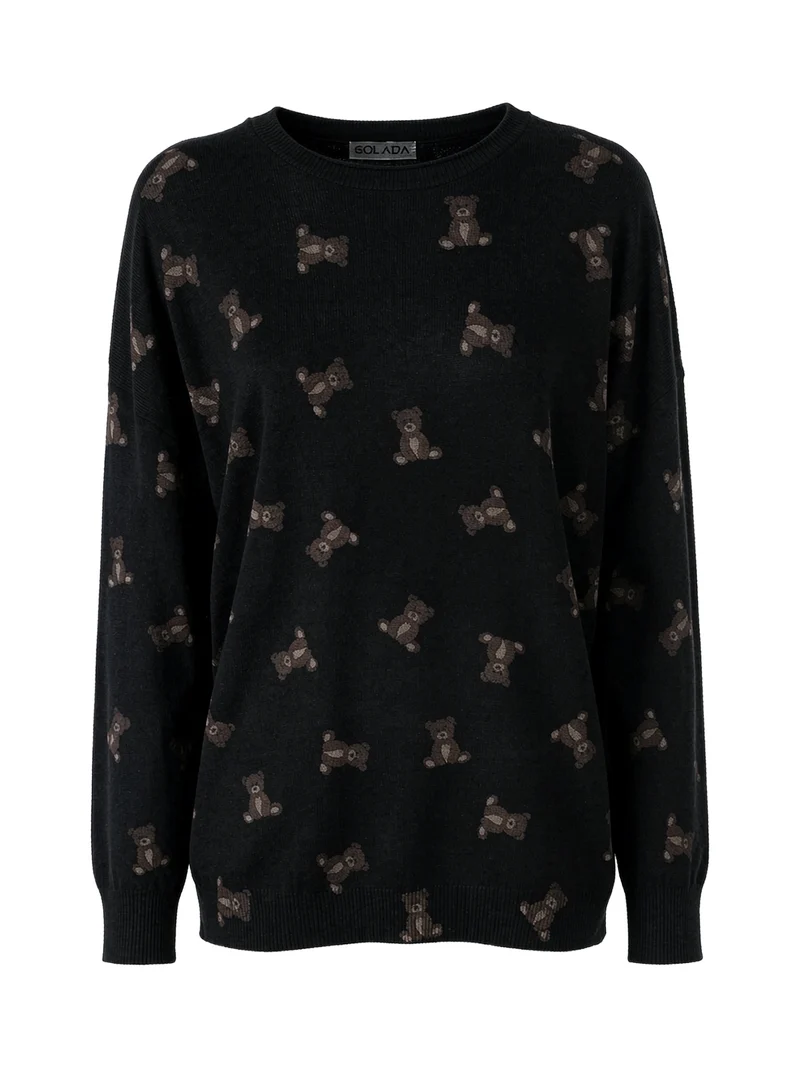 Maglia donna con stampa orsacchiotti e spalle cadenti - nero