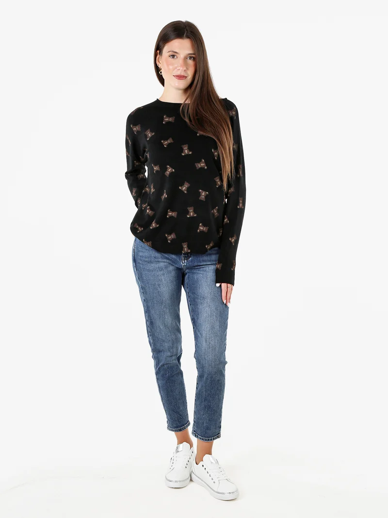 Maglia donna con stampa orsacchiotti e spalle cadenti - nero