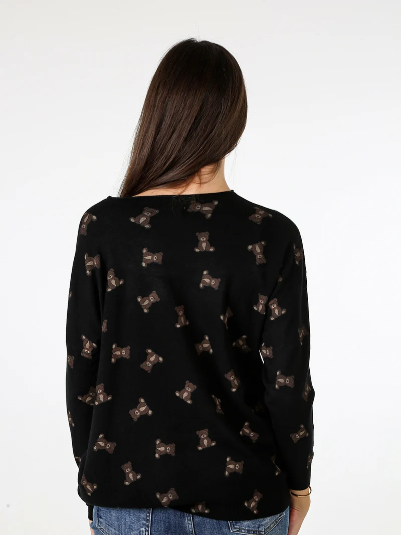 Maglia donna con stampa orsacchiotti e spalle cadenti - nero