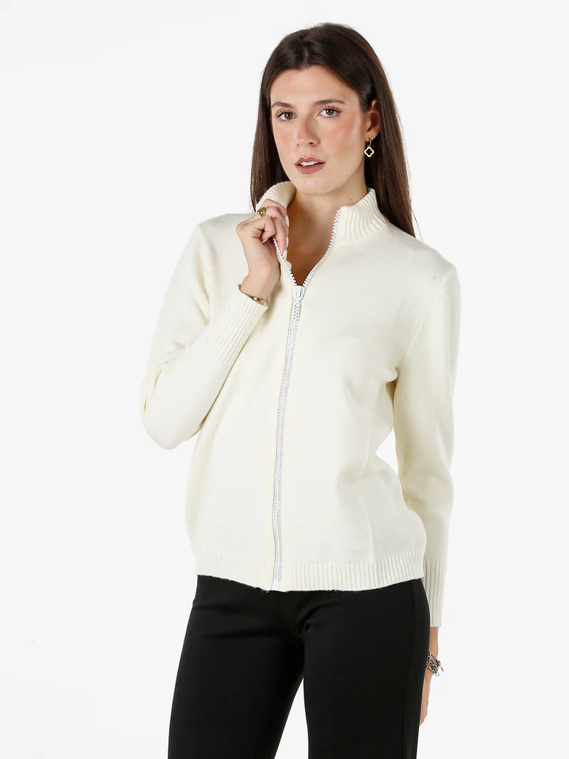 Cardigan in maglia da donna con zip di strass - panna