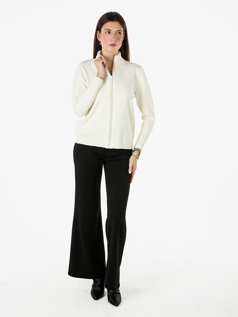 Cardigan in maglia da donna con zip di strass - panna