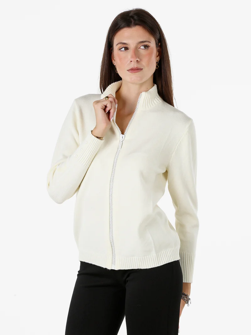 Cardigan in maglia da donna con zip di strass - panna