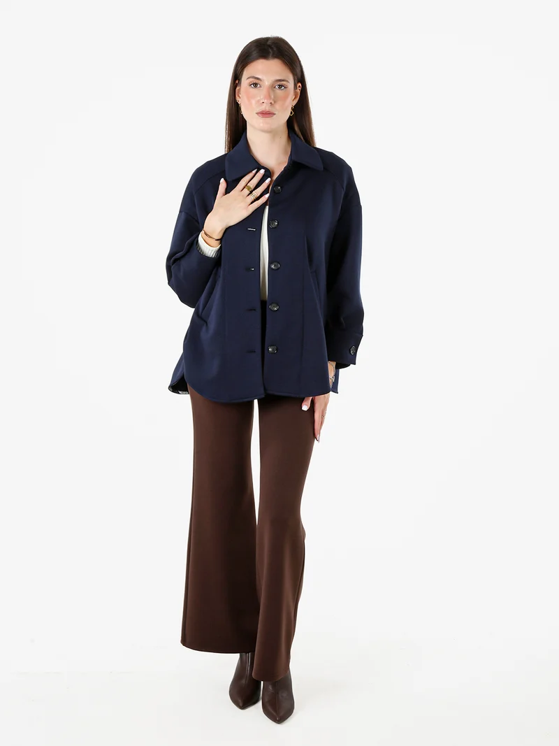 Giacca donna oversize in panno con bottoni - blu scuro