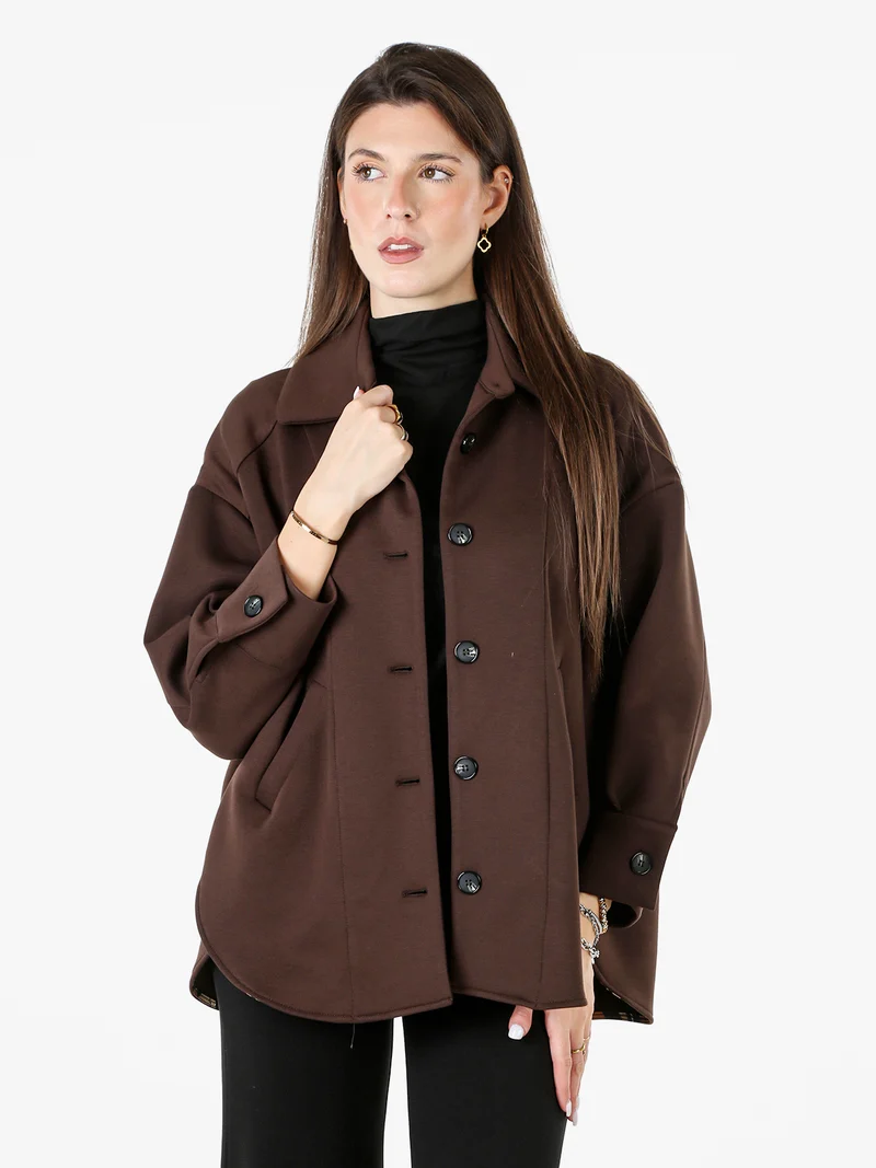 Giacca donna oversize in panno con bottoni - moro