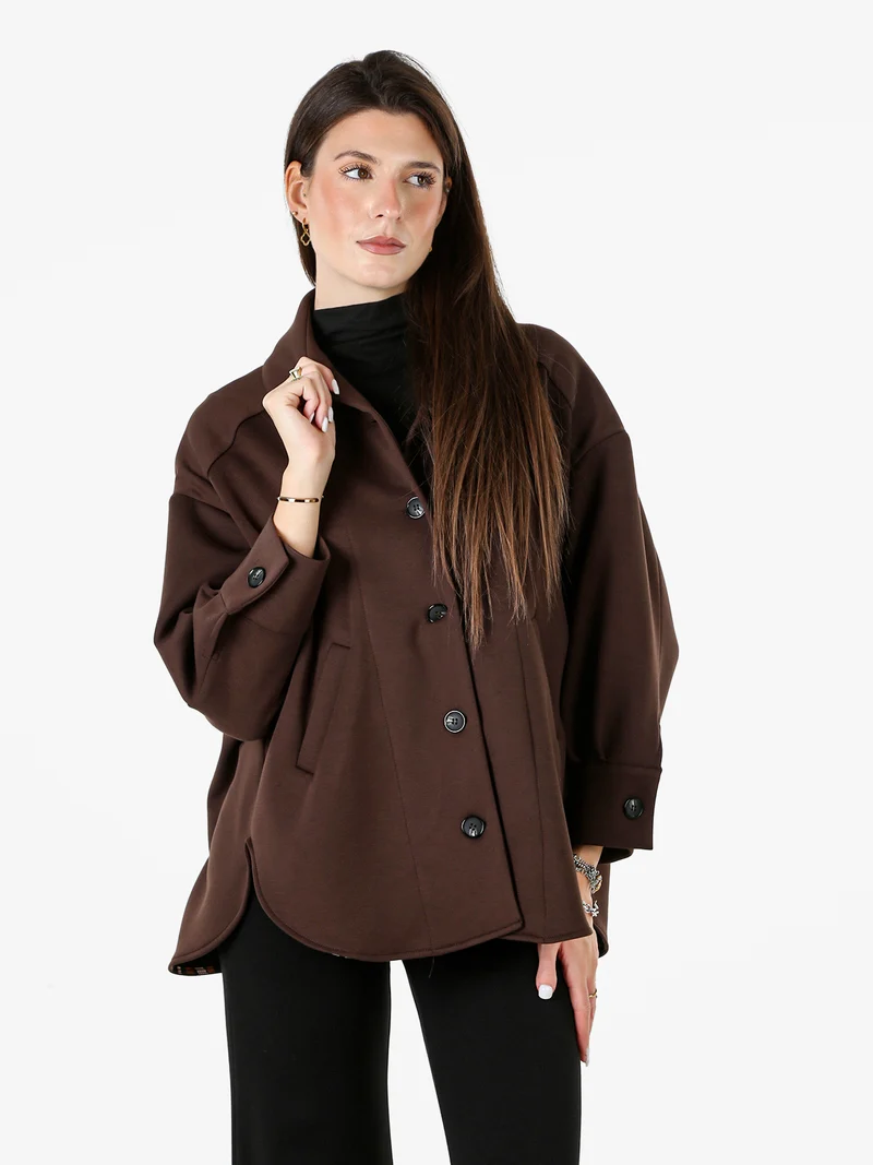 Giacca donna oversize in panno con bottoni - moro