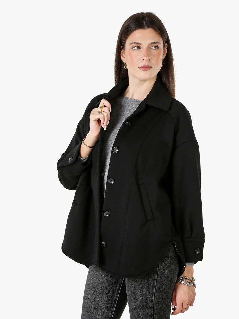 Giacca donna oversize in panno con bottoni - nero