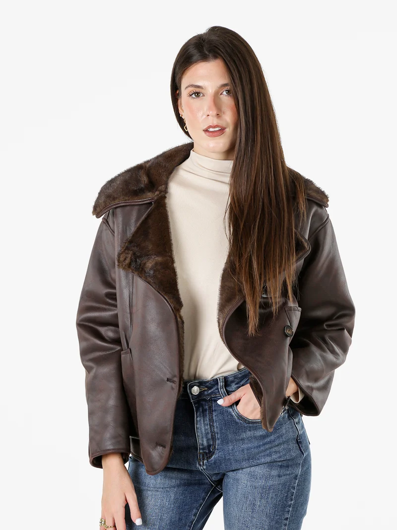 Giaccone donna oversize con interno in ecopelliccia - moro