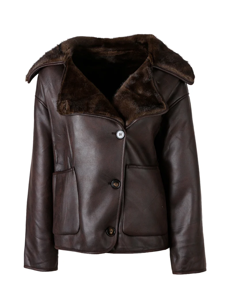 Giaccone donna oversize con interno in ecopelliccia - moro