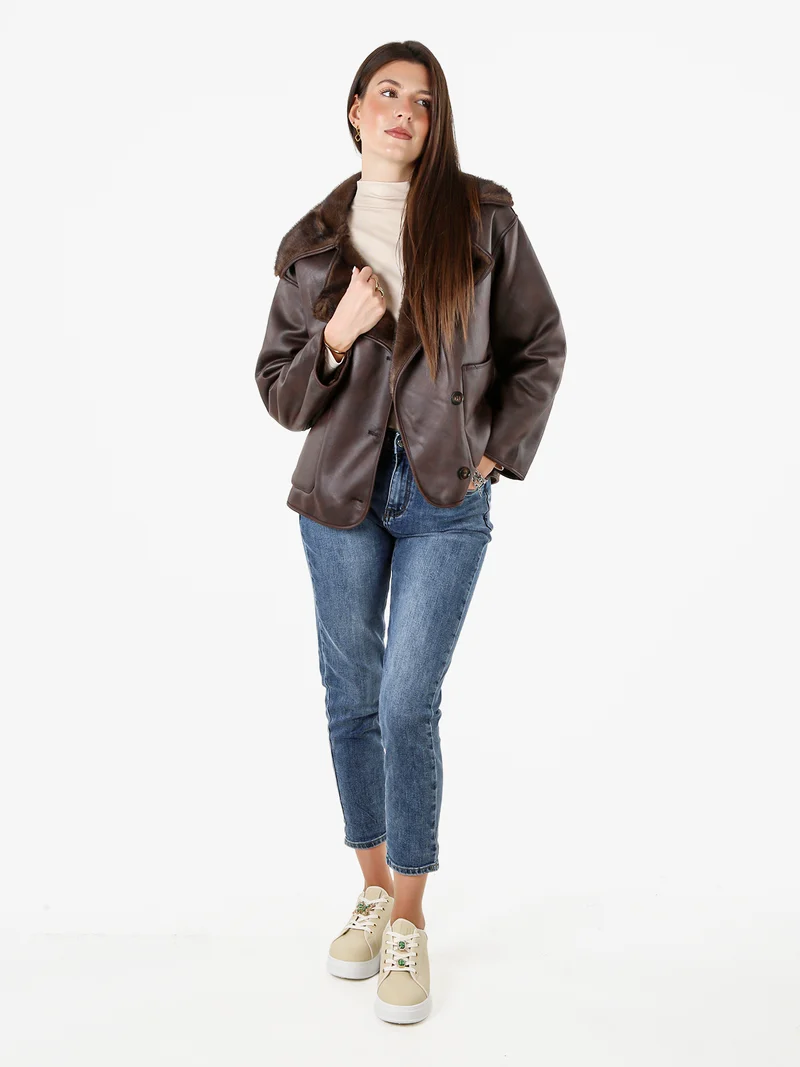 Giaccone donna oversize con interno in ecopelliccia - moro