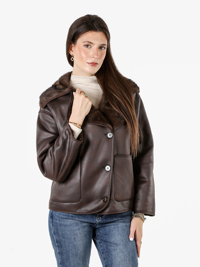 Giaccone donna oversize con interno in ecopelliccia - moro