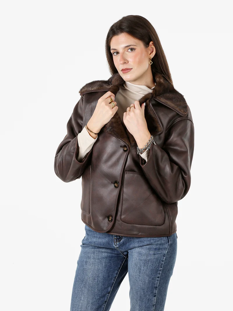 Giaccone donna oversize con interno in ecopelliccia - moro