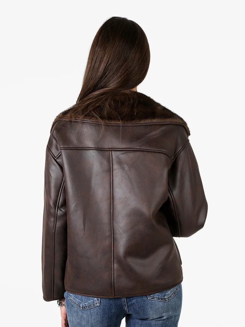 Giaccone donna oversize con interno in ecopelliccia - moro