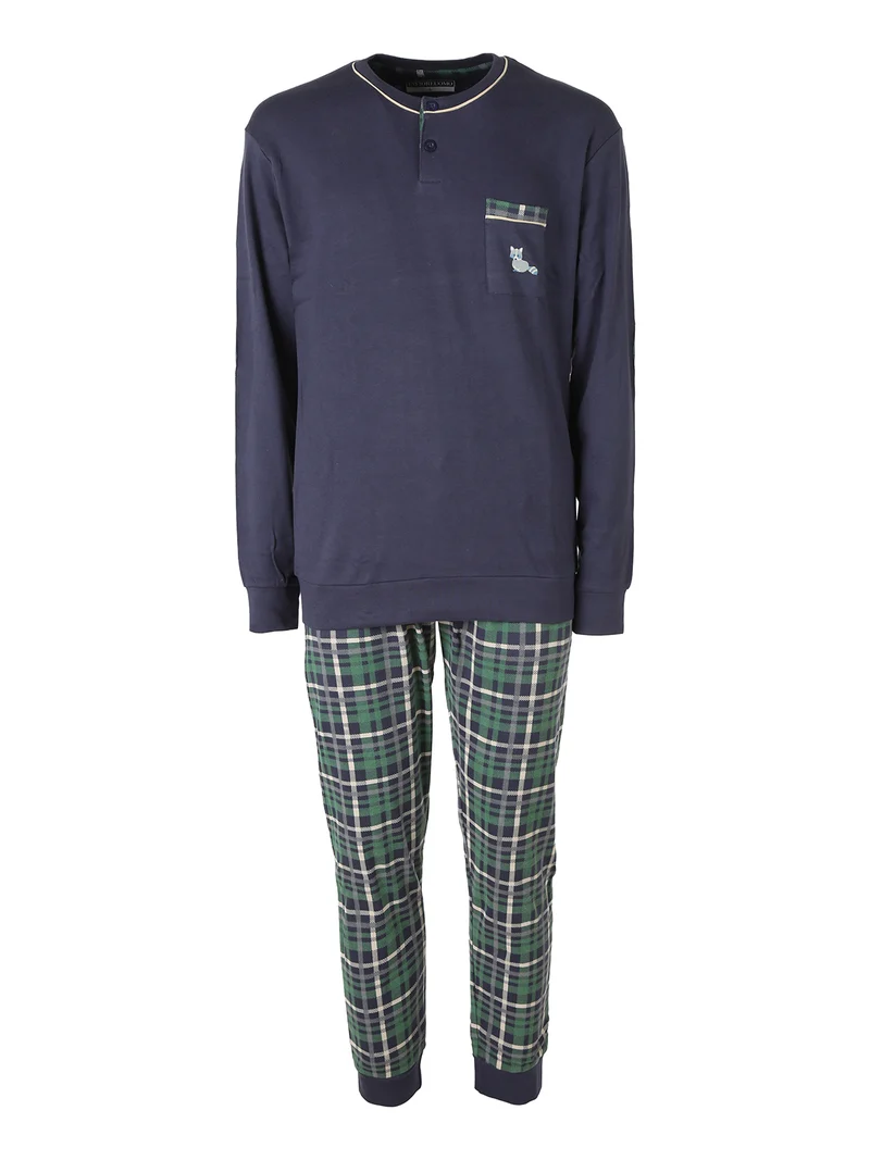 CHECKOUT Pigiama da uomo in cotone interlock con pantaloni a quadri - blu scuro