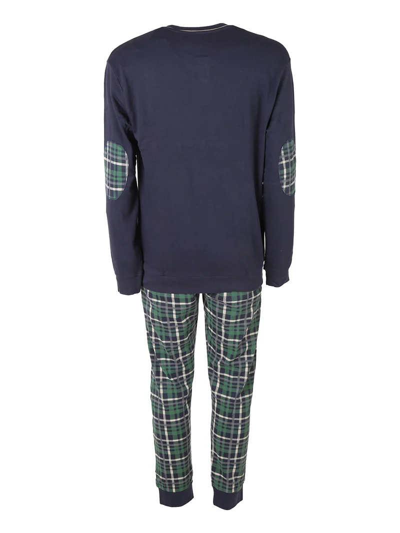 CHECKOUT Pigiama da uomo in cotone interlock con pantaloni a quadri - blu scuro