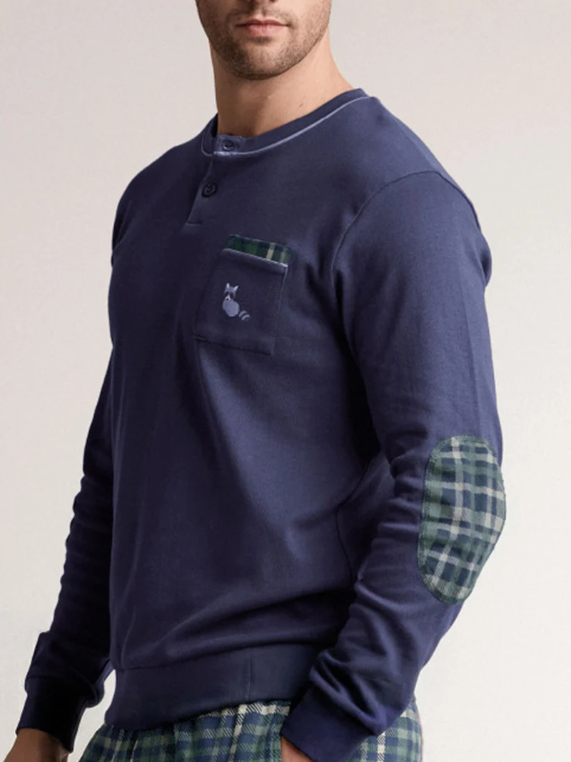CHECKOUT Pigiama da uomo in cotone interlock con pantaloni a quadri - blu scuro