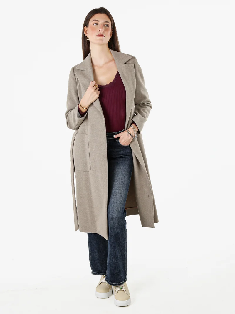 Cappotto lungo da donna senza chiusura con fusciacca in vita - fango