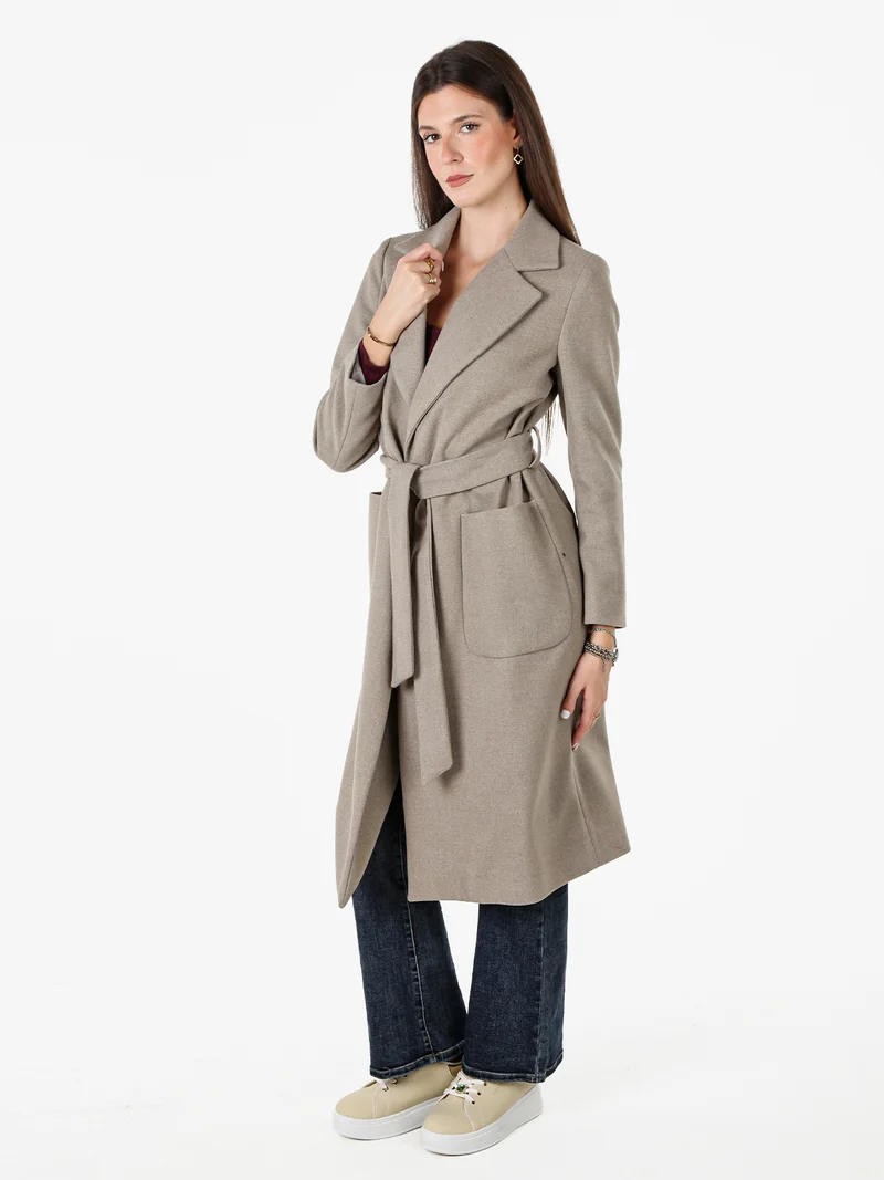 Cappotto lungo da donna senza chiusura con fusciacca in vita - fango