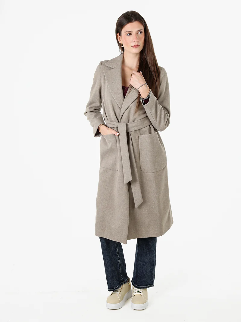 Cappotto lungo da donna senza chiusura con fusciacca in vita - fango