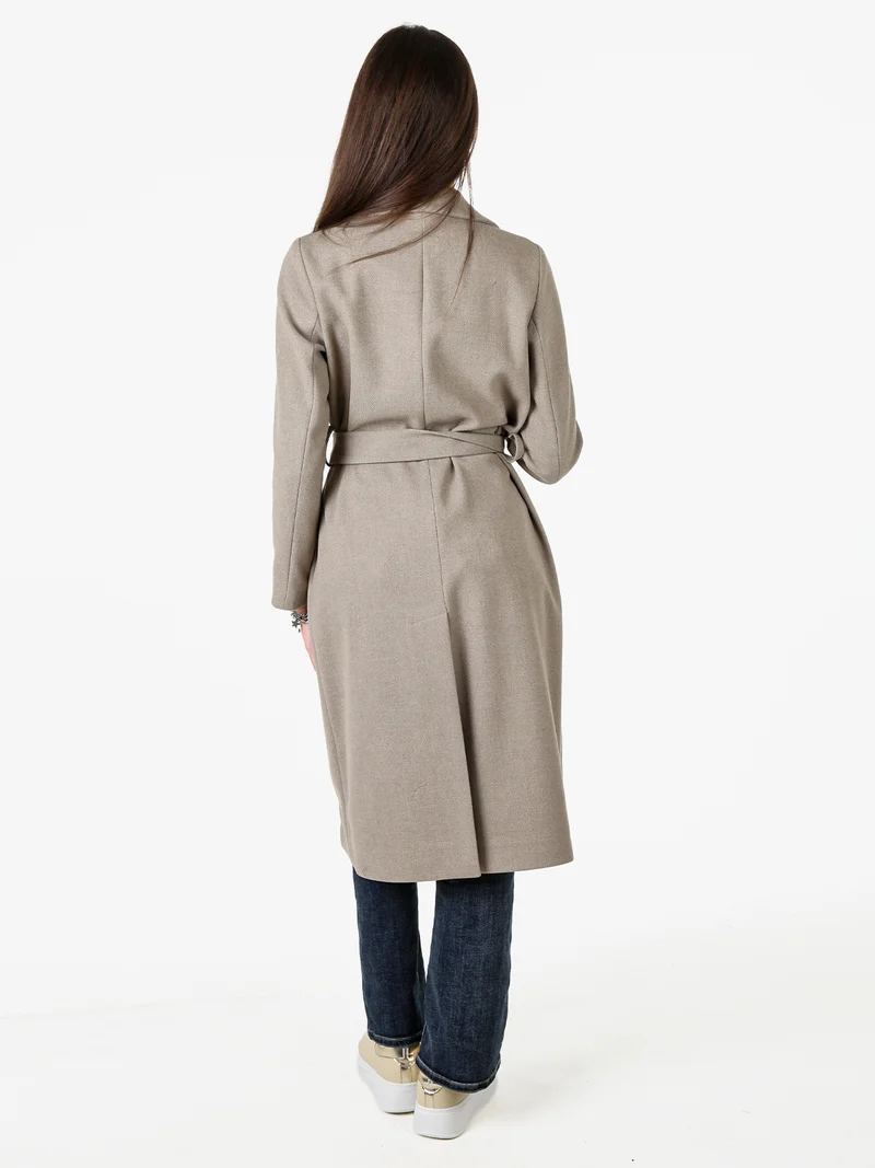 Cappotto lungo da donna senza chiusura con fusciacca in vita - fango