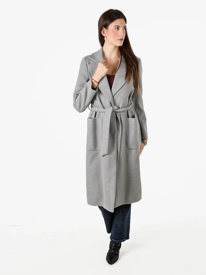 Cappotto lungo da donna senza chiusura con fusciacca in vita - grigio