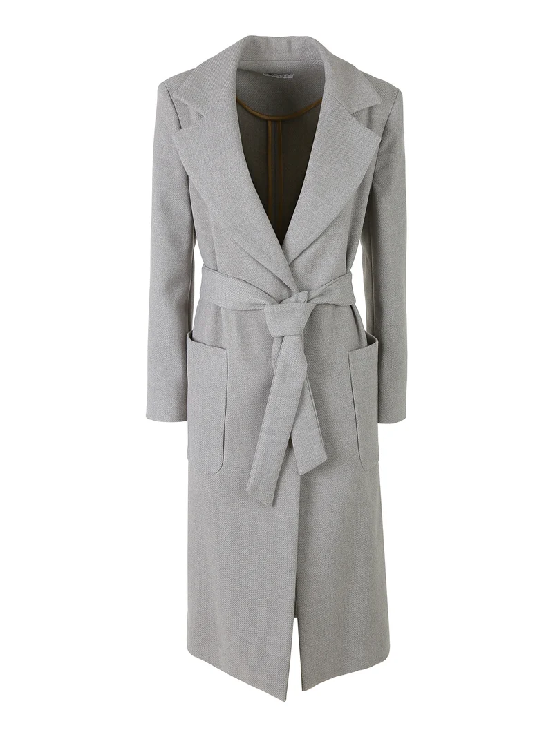Cappotto lungo da donna senza chiusura con fusciacca in vita - grigio