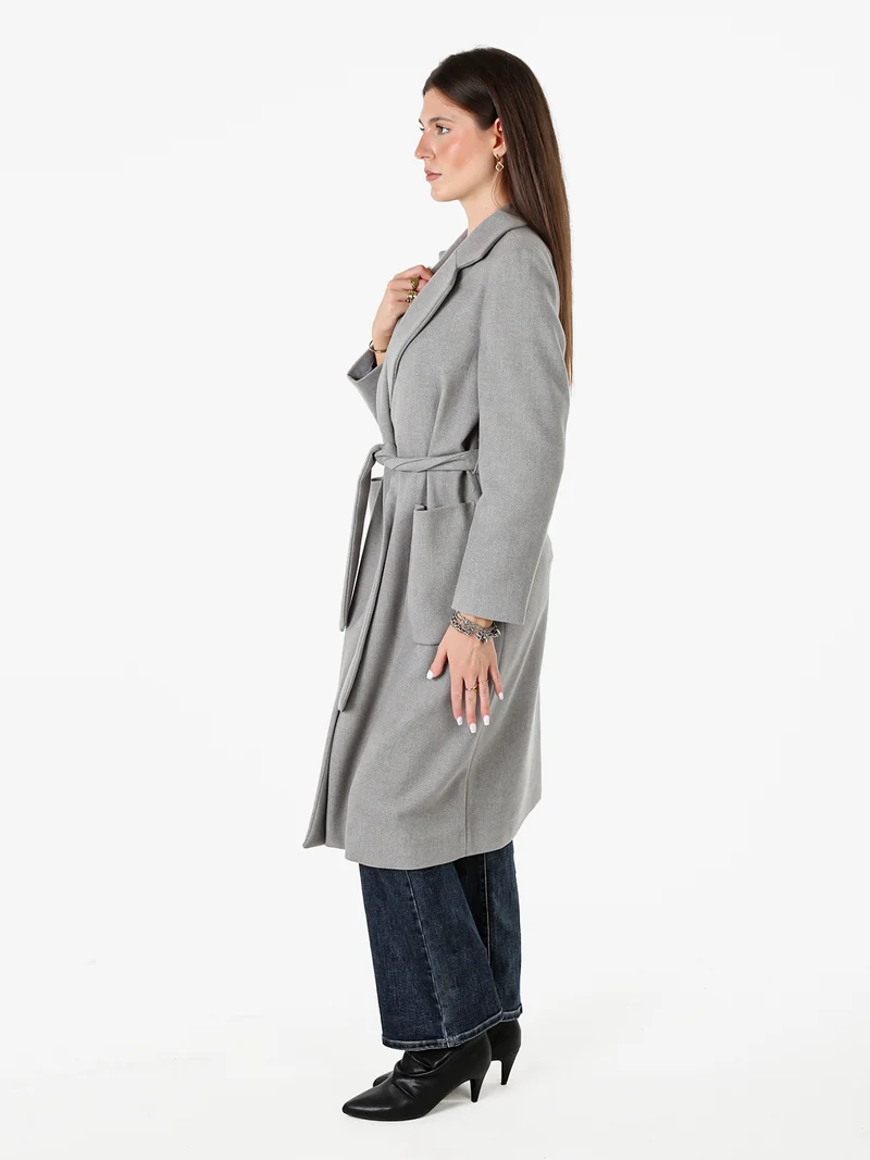 Cappotto lungo da donna senza chiusura con fusciacca in vita - grigio