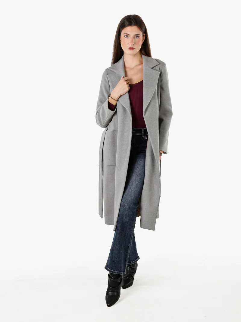 Cappotto lungo da donna senza chiusura con fusciacca in vita - grigio