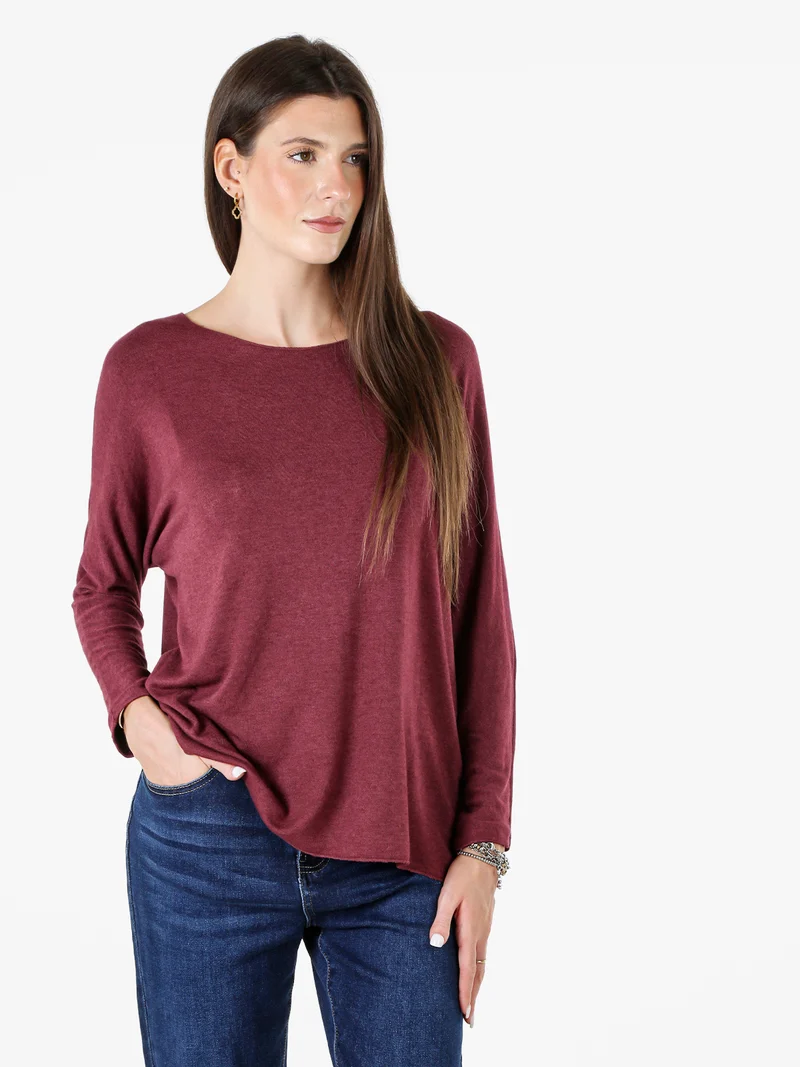 Maglia girocollo da donna con maniche lunghe a pipistrello - bordeaux