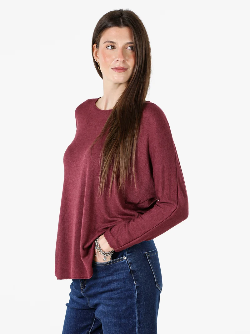 Maglia girocollo da donna con maniche lunghe a pipistrello - bordeaux