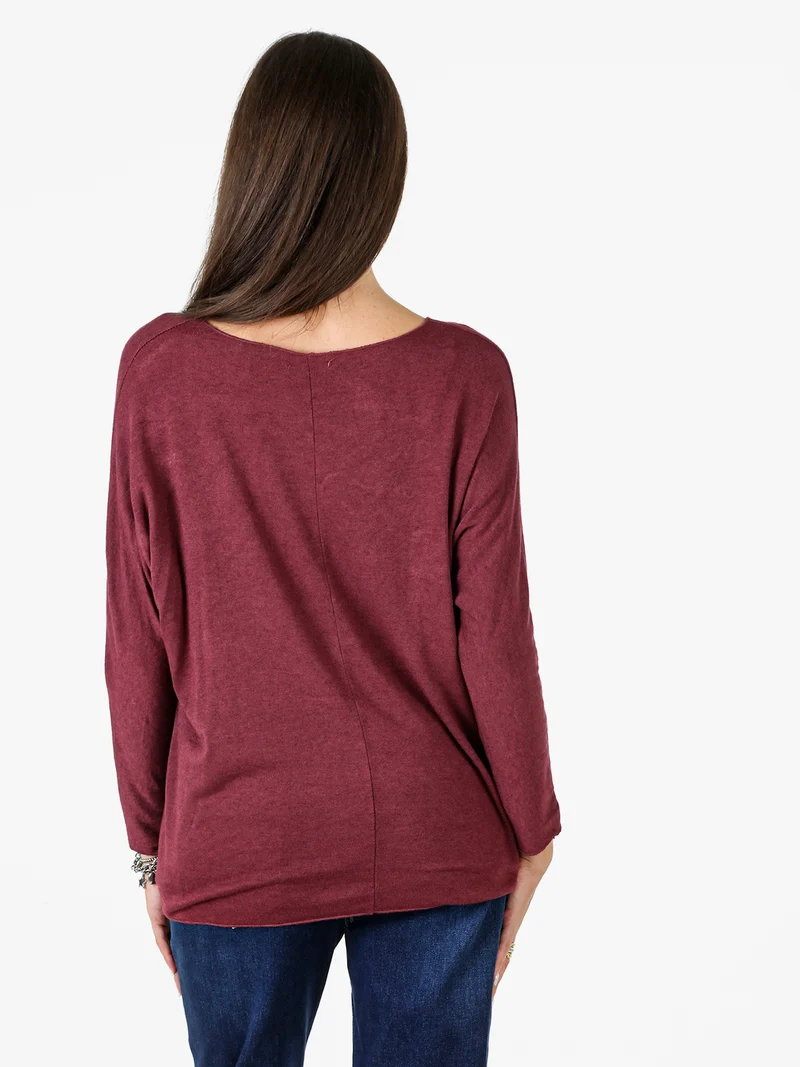 Maglia girocollo da donna con maniche lunghe a pipistrello - bordeaux