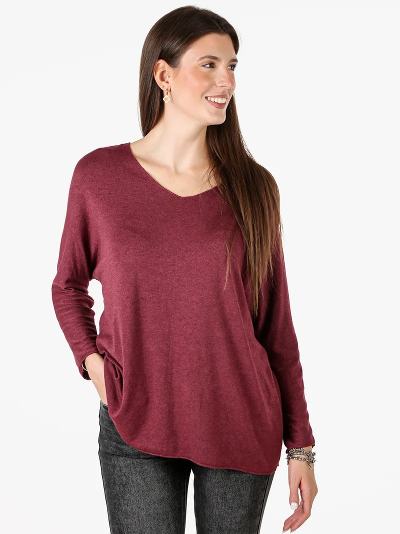 Maglia donna con scollo a V e maniche lunghe a pipistrello - bordeaux